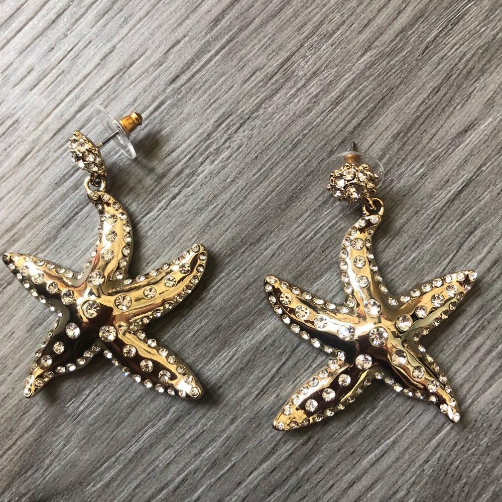 Gold Starfish Crystal Drop Earrings NWOT